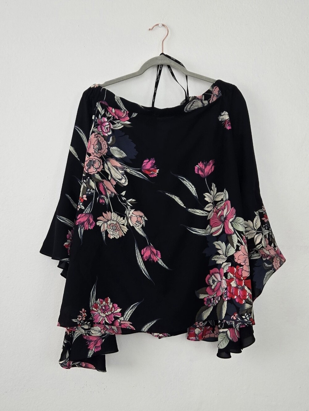 City Chic Black Floral Off-Shoulder Blouse with Pink Accents